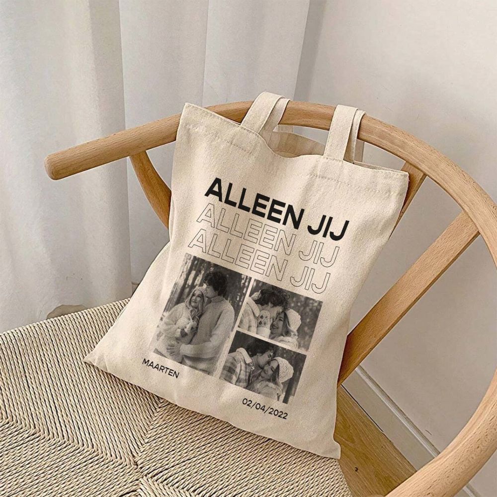 Personalisierbarer Jutebeutel mit Schwarz Weiß Fotos und Text