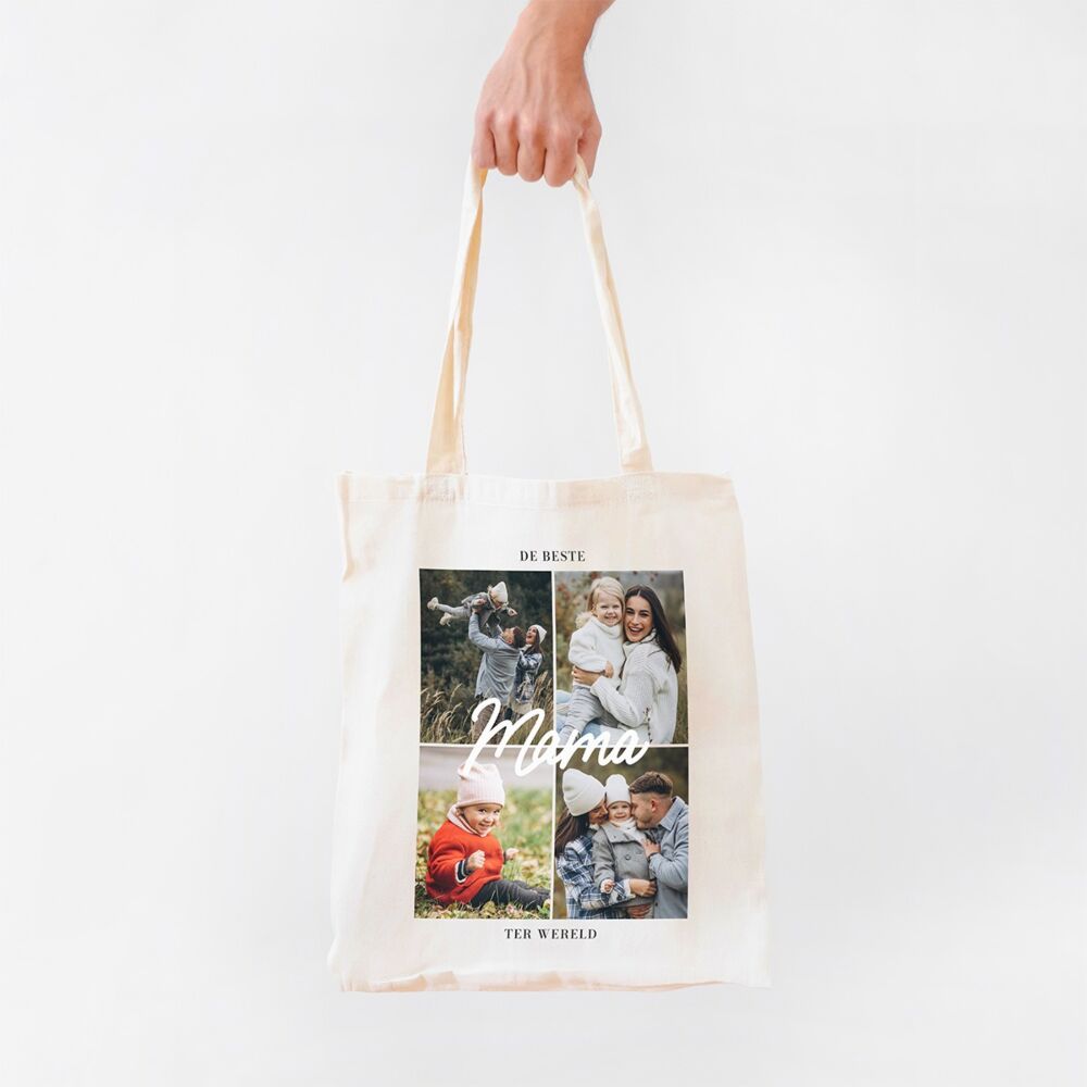 Gepersonaliseerde tote bag met 4 foto’s en tekst