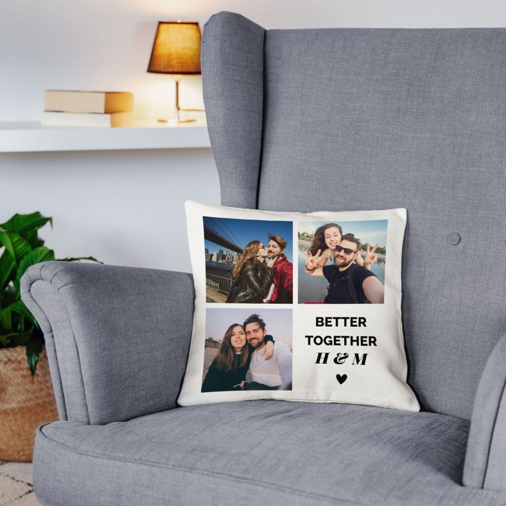 Personaliseerbare kussensloop met 3 foto’s en tekst