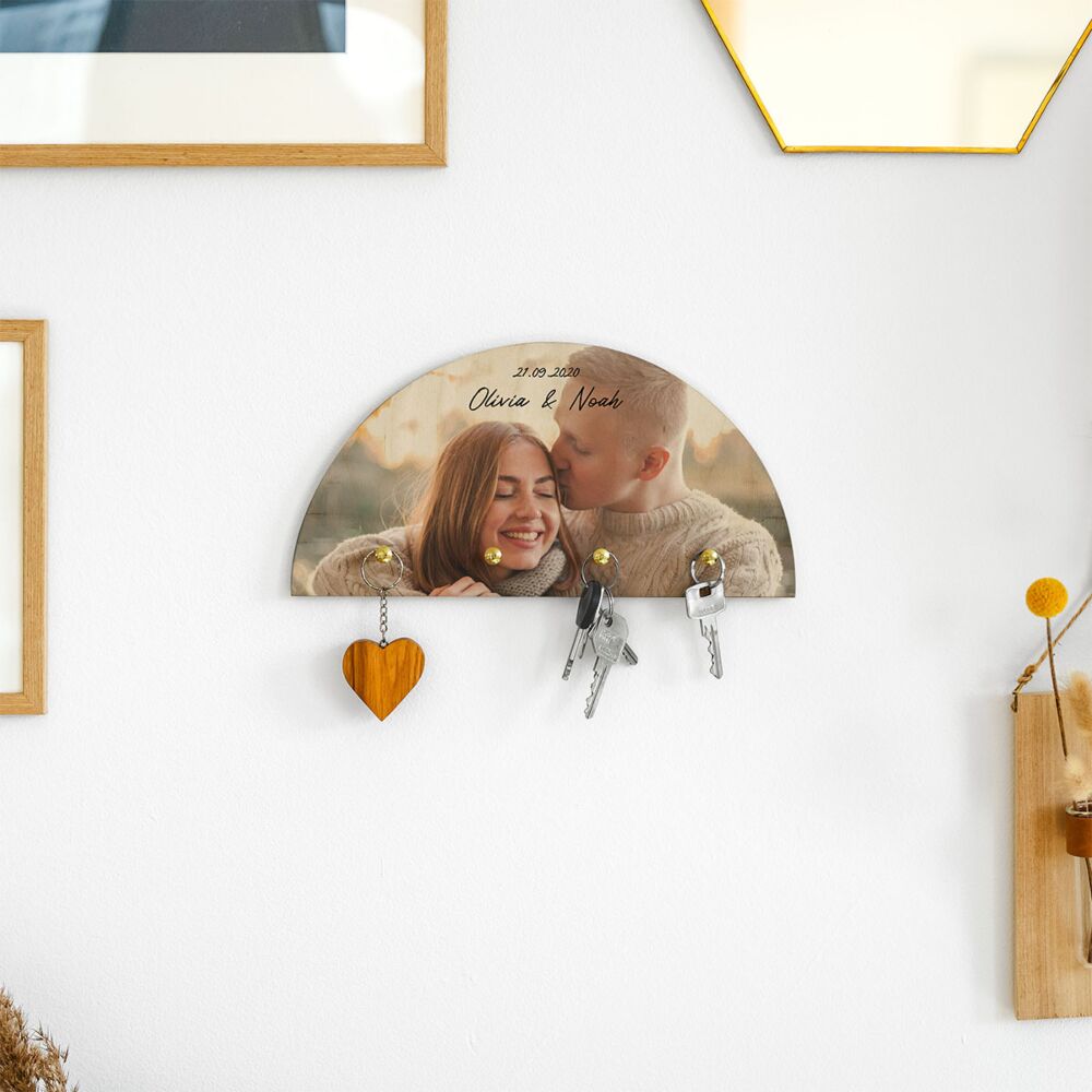 Gepersonaliseerd houten sleutelbord met foto en tekst