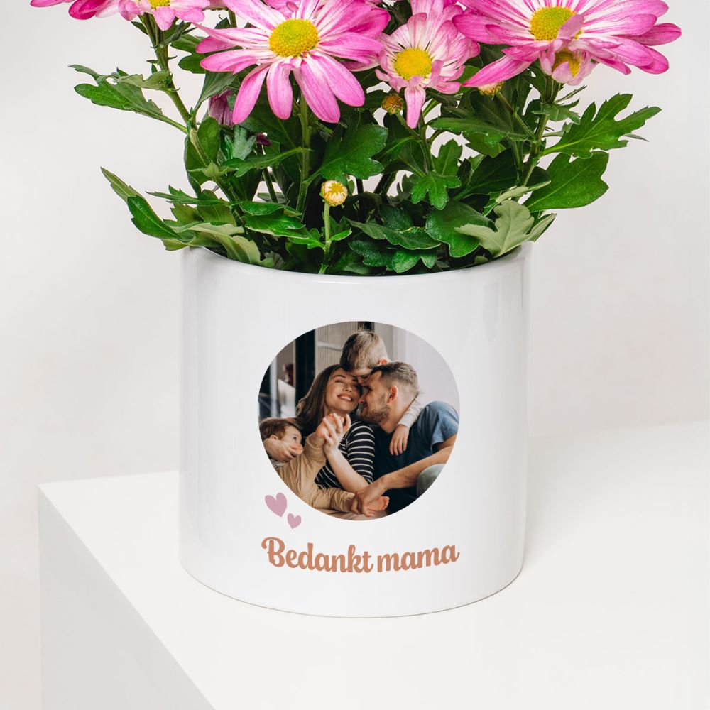 Gepersonaliseerde bloempot met foto en tekst
